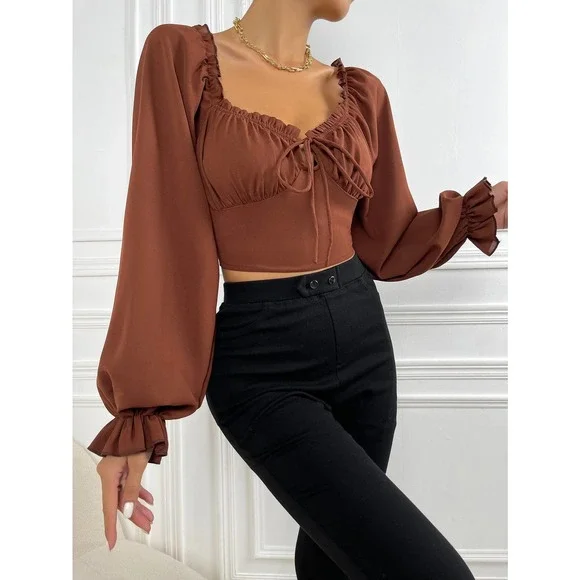 Frill Trim Bell long Sleeve Ruched Bust Milkmaid crop top boho brown - Picture 7 of 11